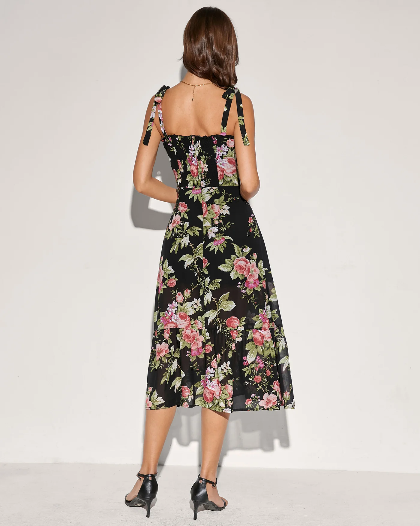 Black Floral Tie Strap Midi Dress - Image 5
