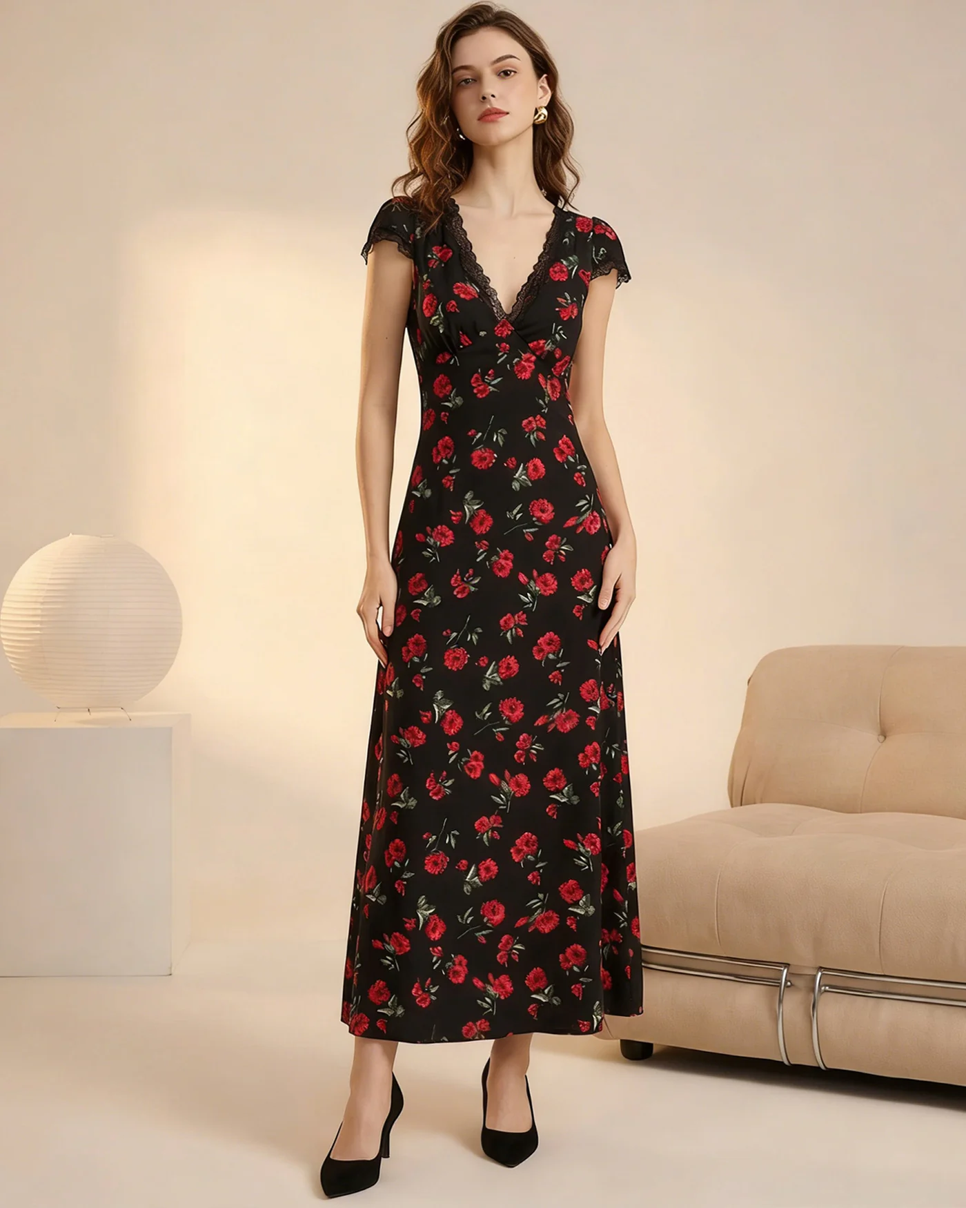 Black Floral V Neck Maxi Dress - Image 2