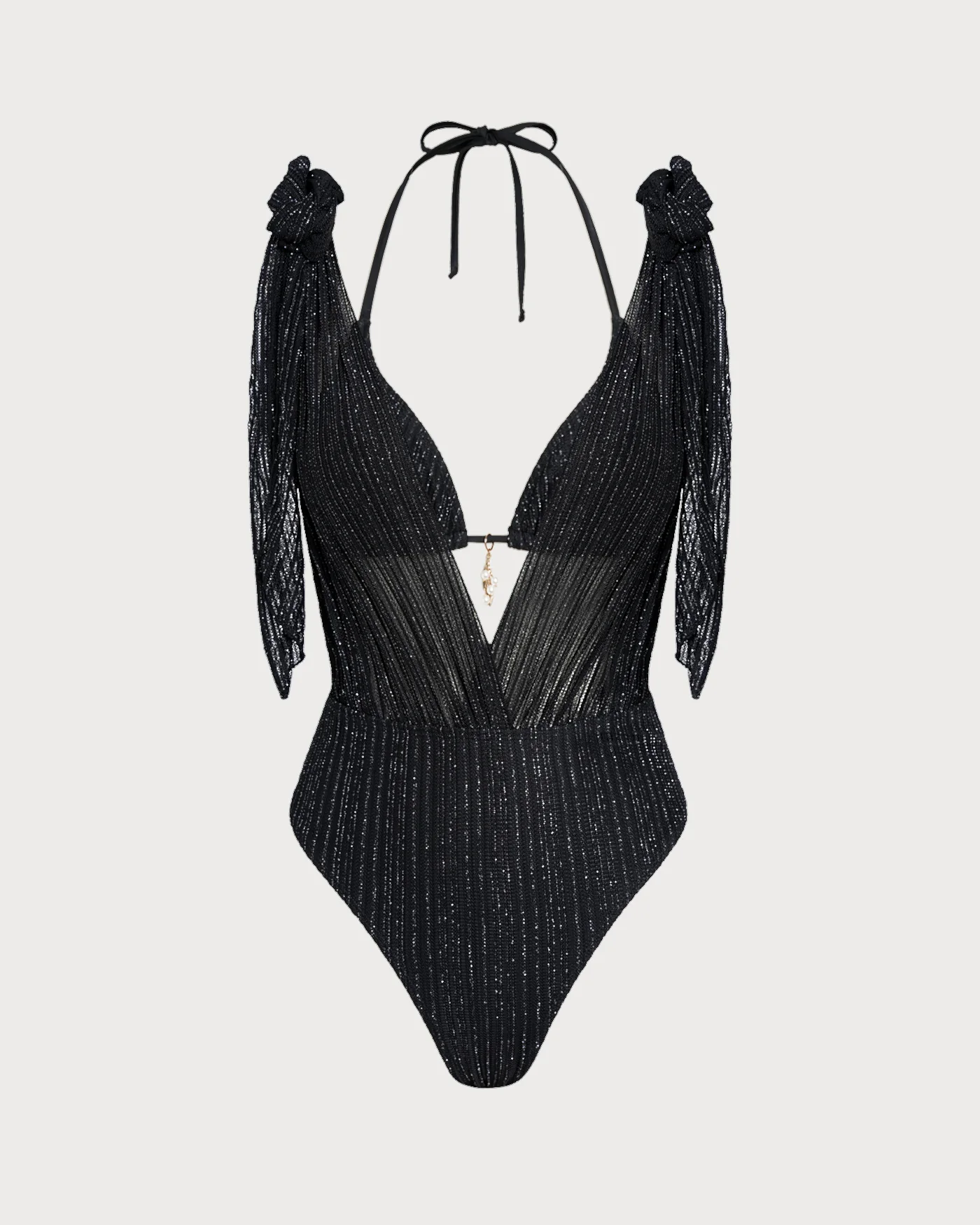 Black Halter Drawstring Triangle Bikini Set - Image 2