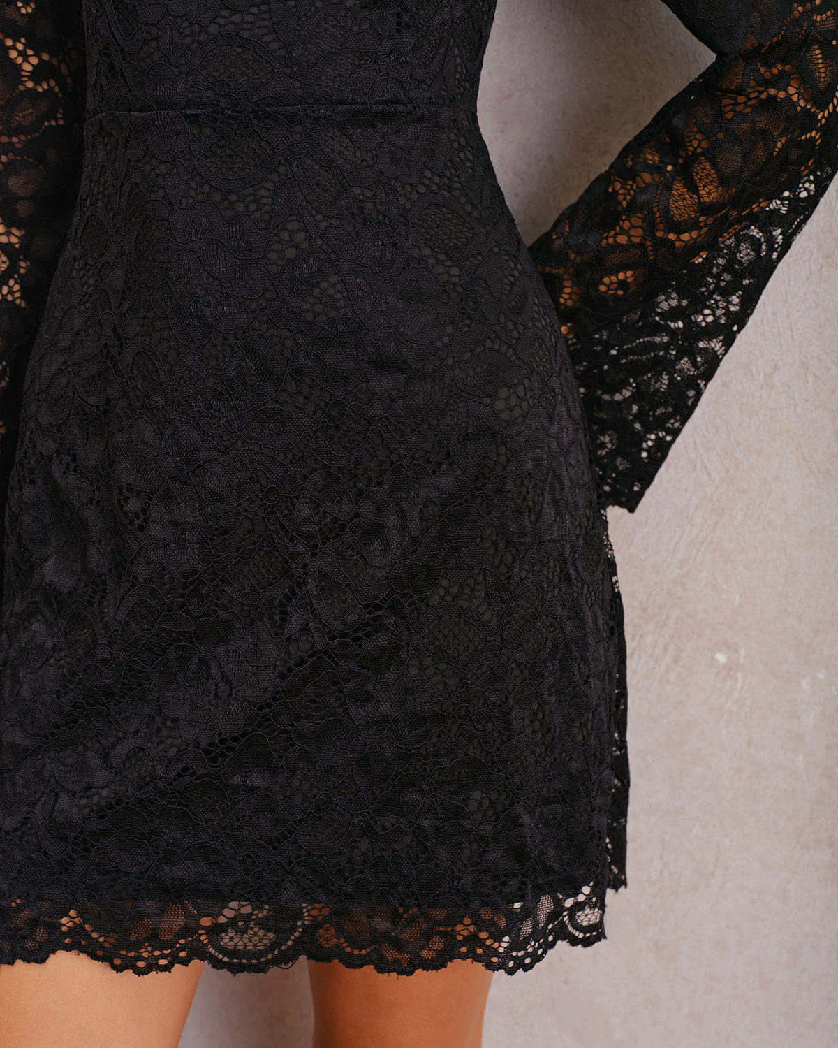 Black Lace Bell Sleeve A-Line Mini Dress - Image 2
