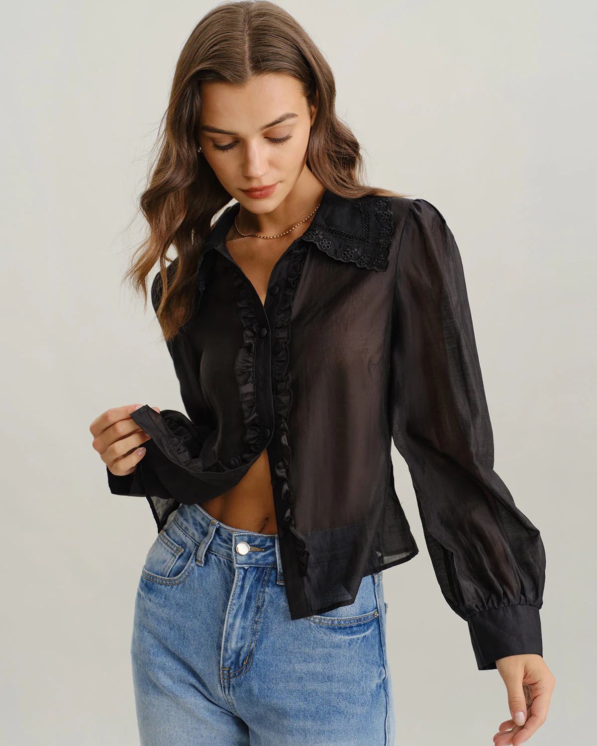 Black Lantern Sleeve Ruffle Shirt - Image 3