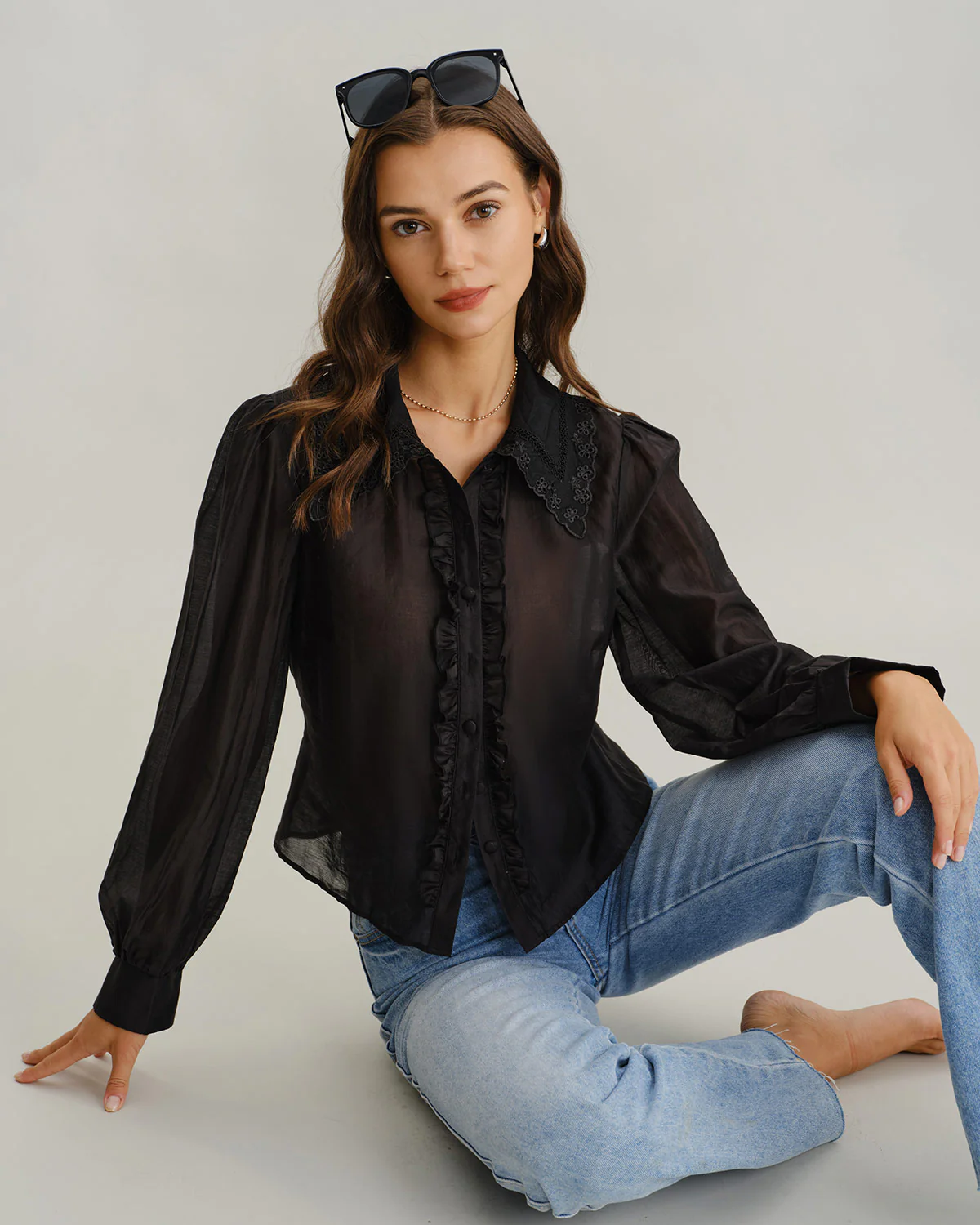 Black Lantern Sleeve Ruffle Shirt - Image 5