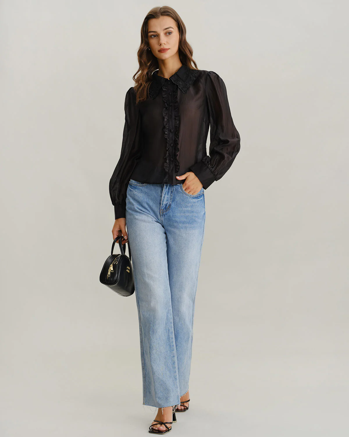 Black Lantern Sleeve Ruffle Shirt - Image 6