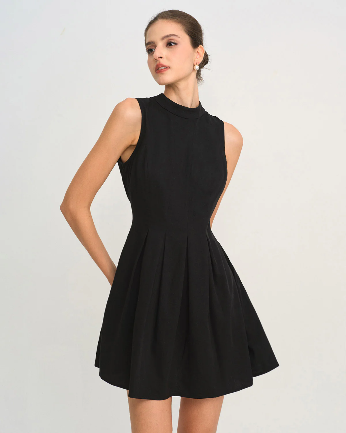 Black Mock Neck Ruched Sleeveless Mini Dress - Image 5