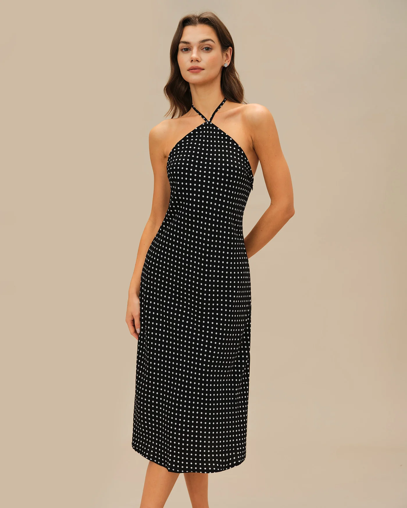 Black Polka Dot Halter Midi Dress