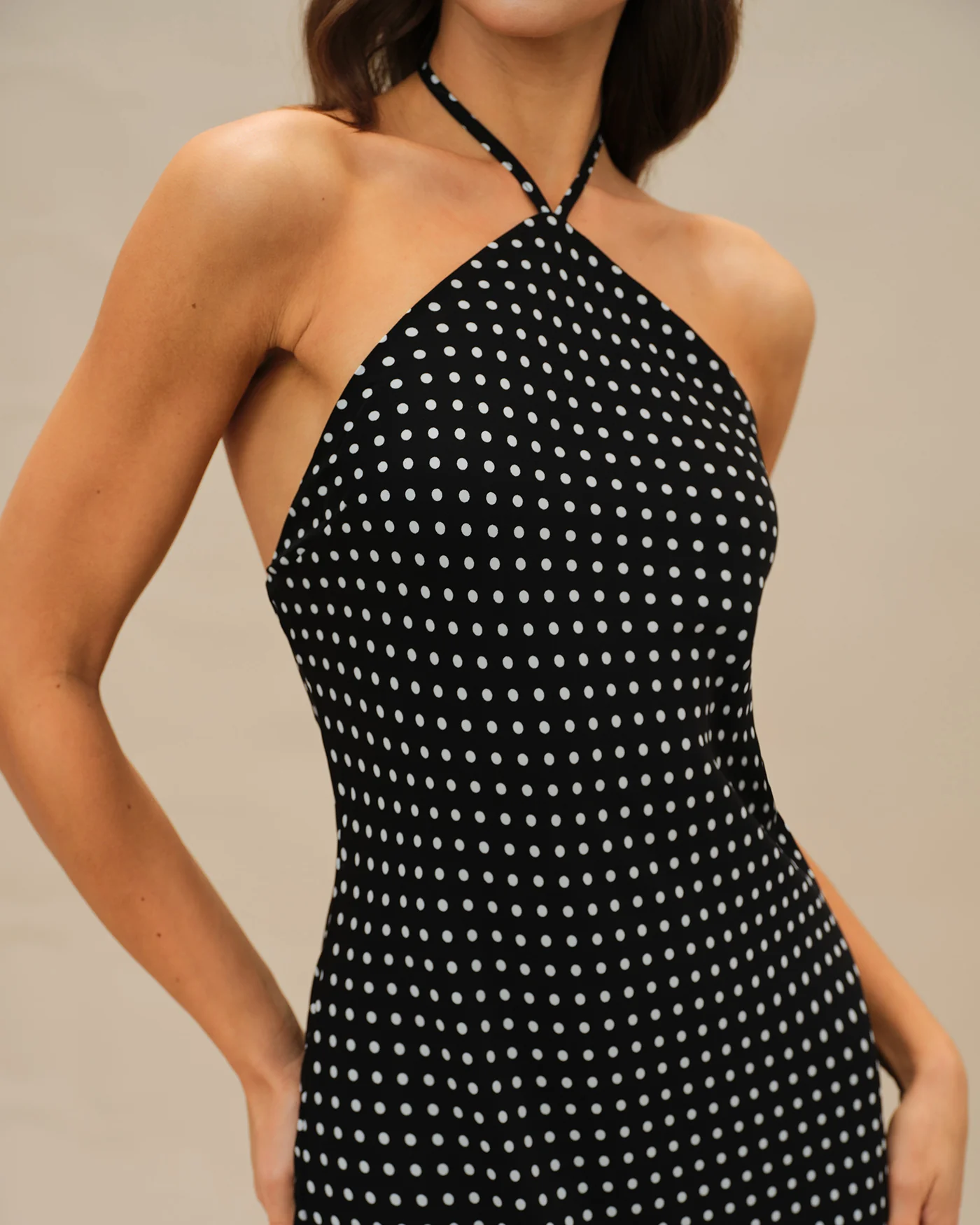 Black Polka Dot Halter Midi Dress - Image 2