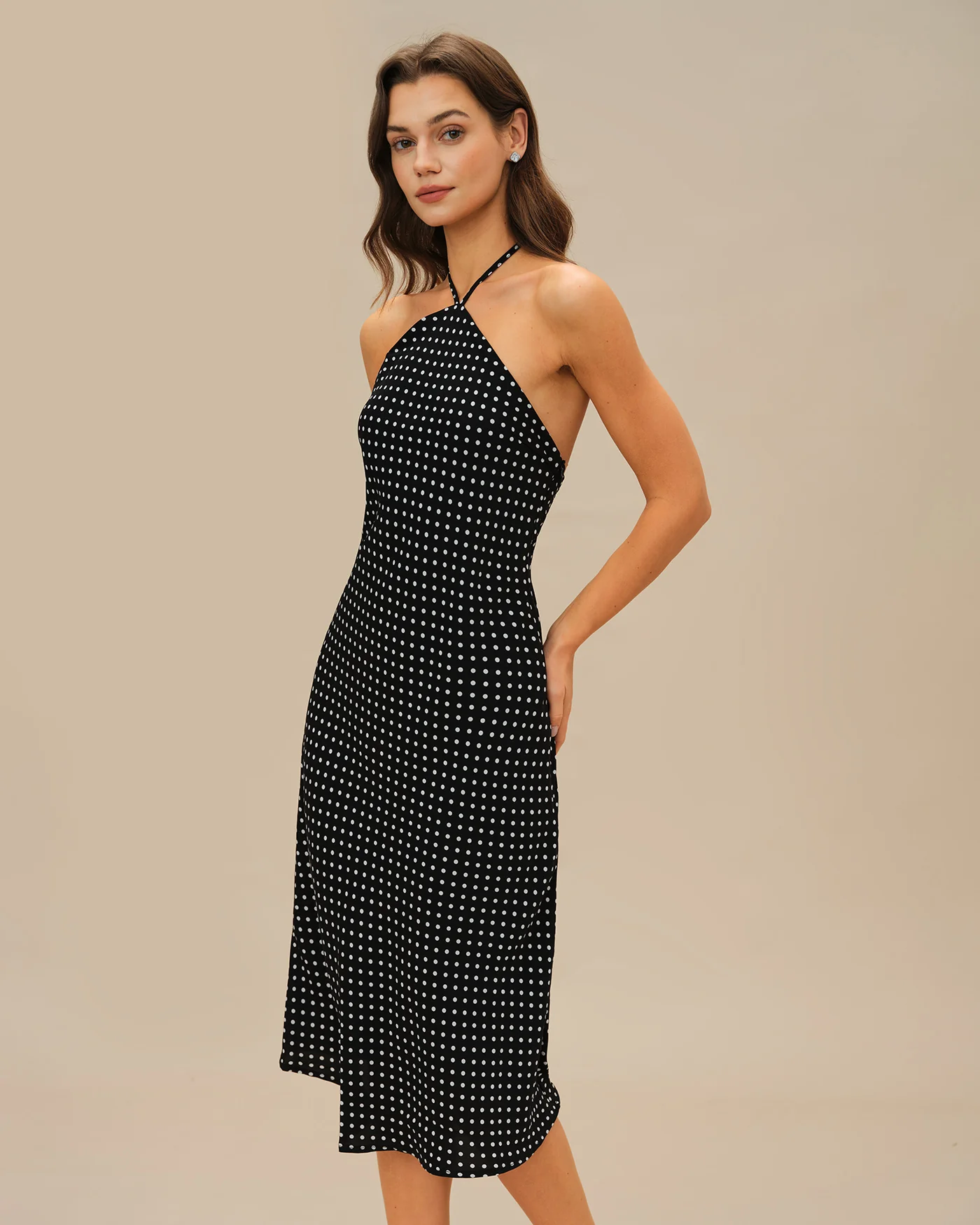 Black Polka Dot Halter Midi Dress - Image 3
