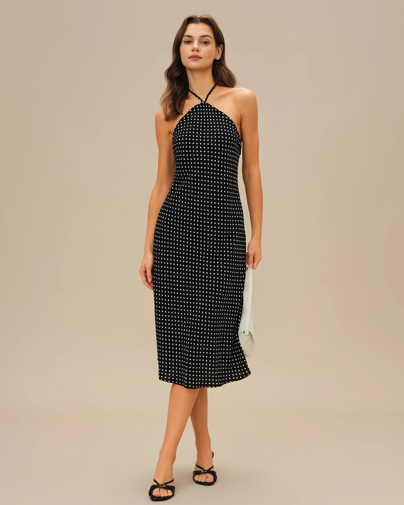 Black Polka Dot Halter Midi Dress - Image 4