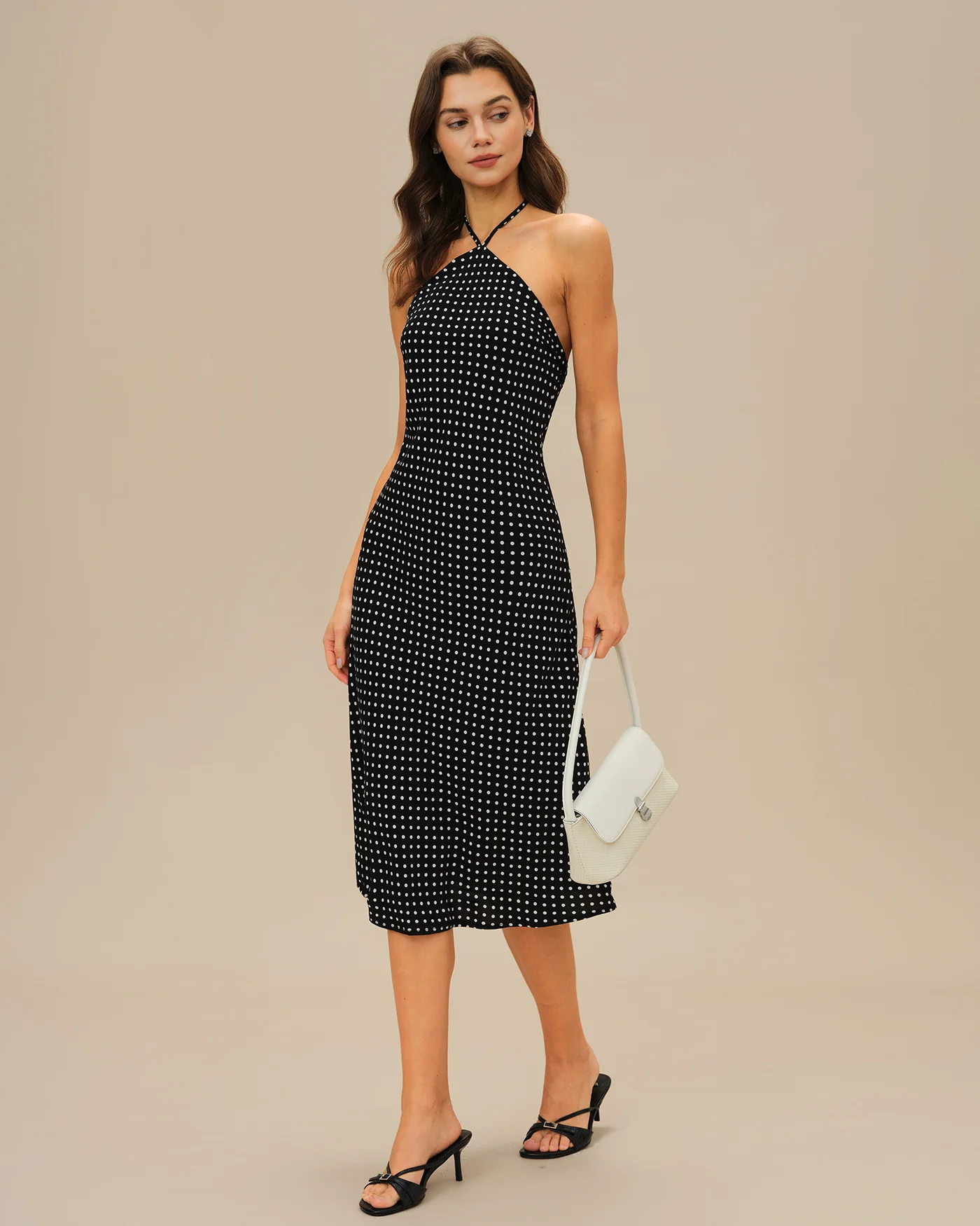 Black Polka Dot Halter Midi Dress - Image 5