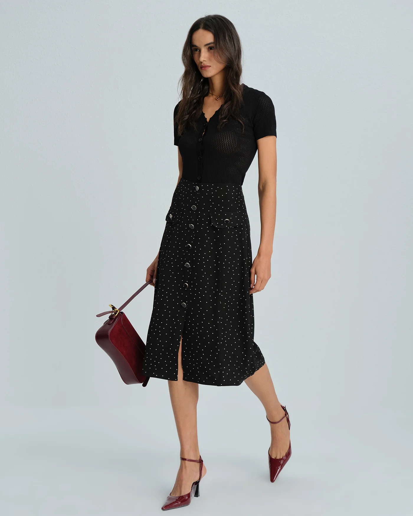 Black Polka Dot Midi Skirt - Image 5