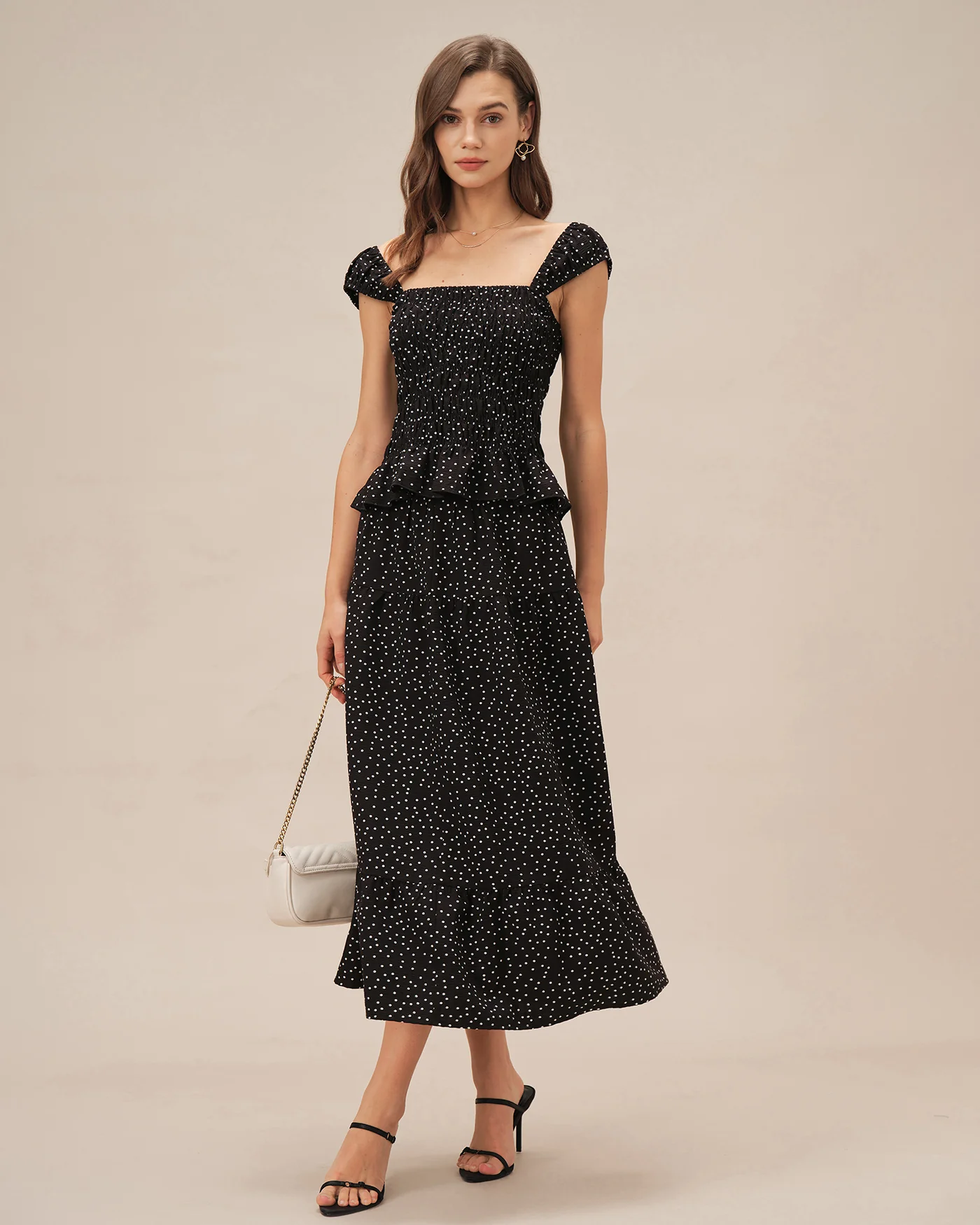 Black Polka Dot Ruched Midi Skirt - Image 3
