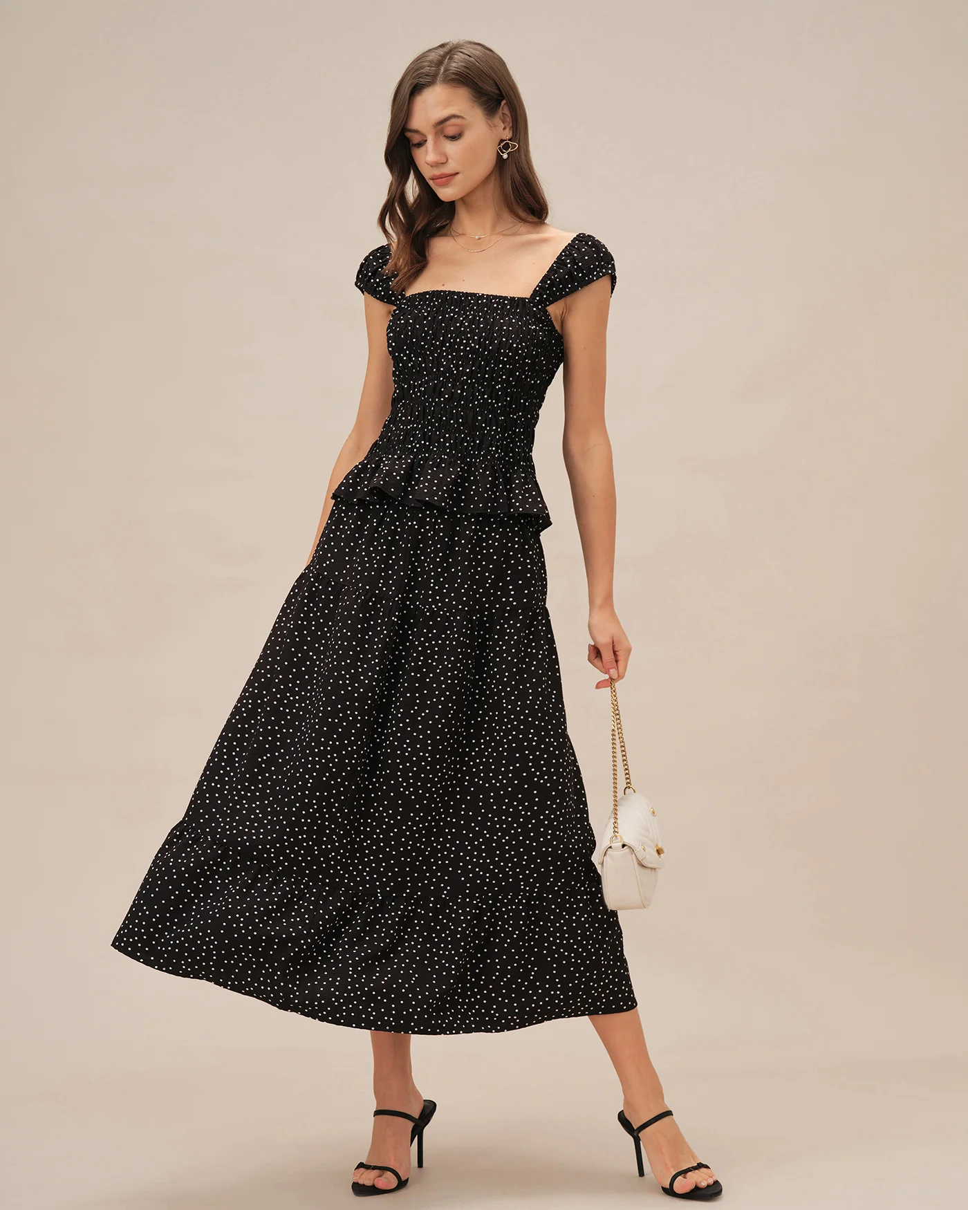 Black Polka Dot Ruched Midi Skirt - Image 4