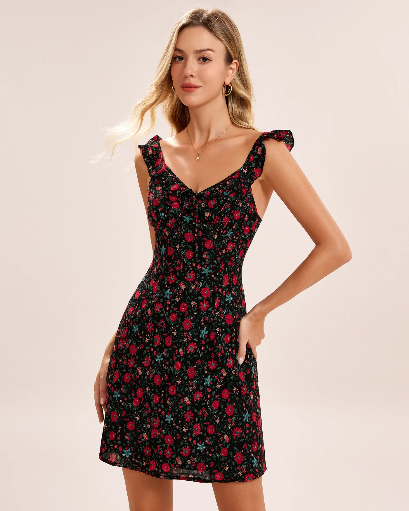 Black Polka Dot Ruffle Slip Mini Dress