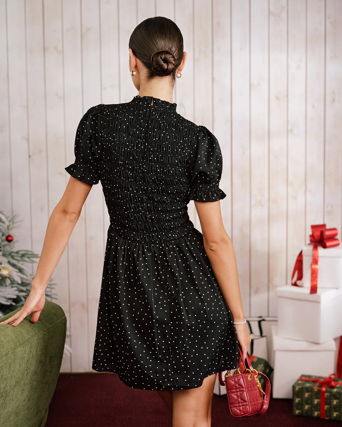 Black Polka Dot Shirred Mini Dress - Image 10