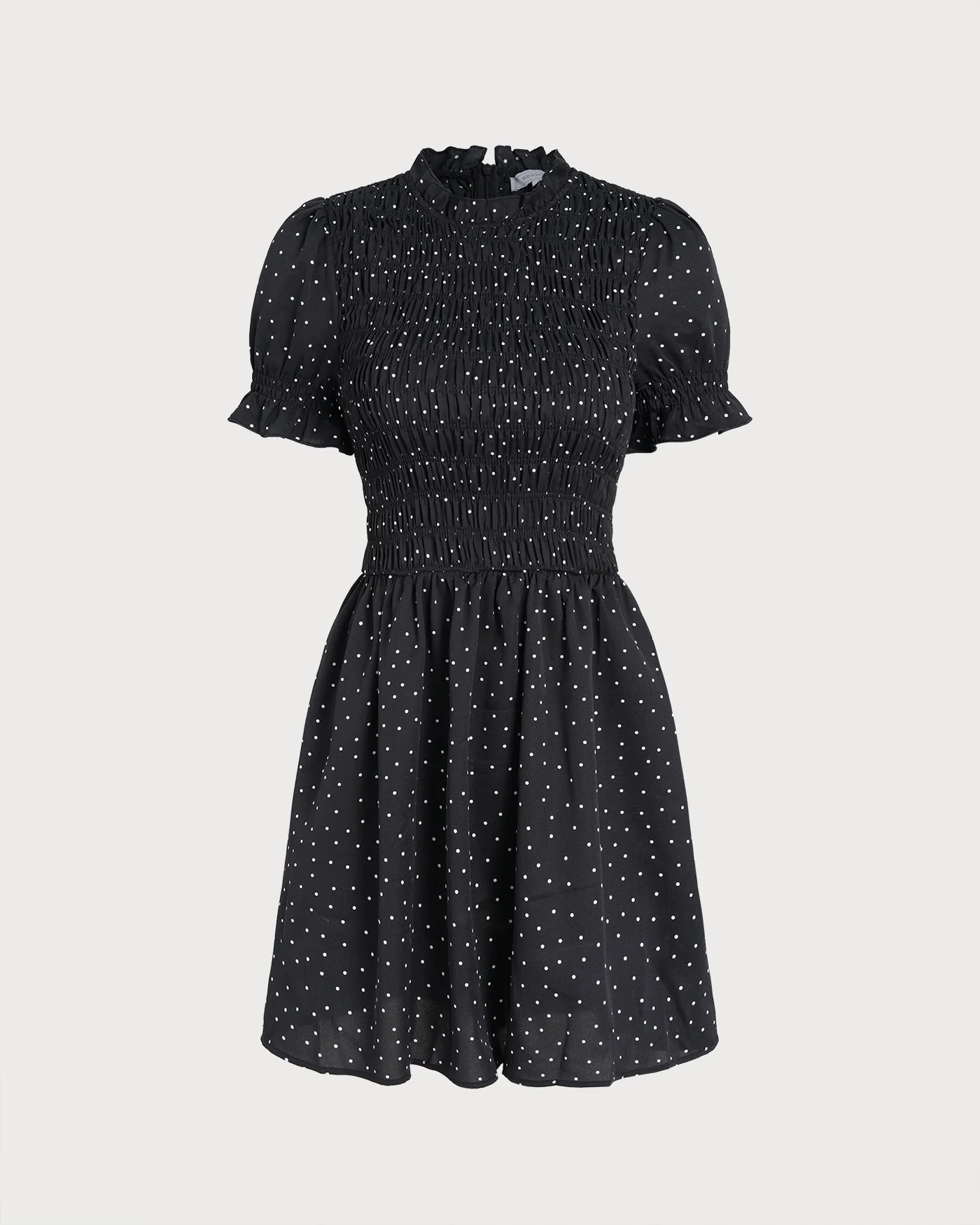 Black Polka Dot Shirred Mini Dress - Image 2