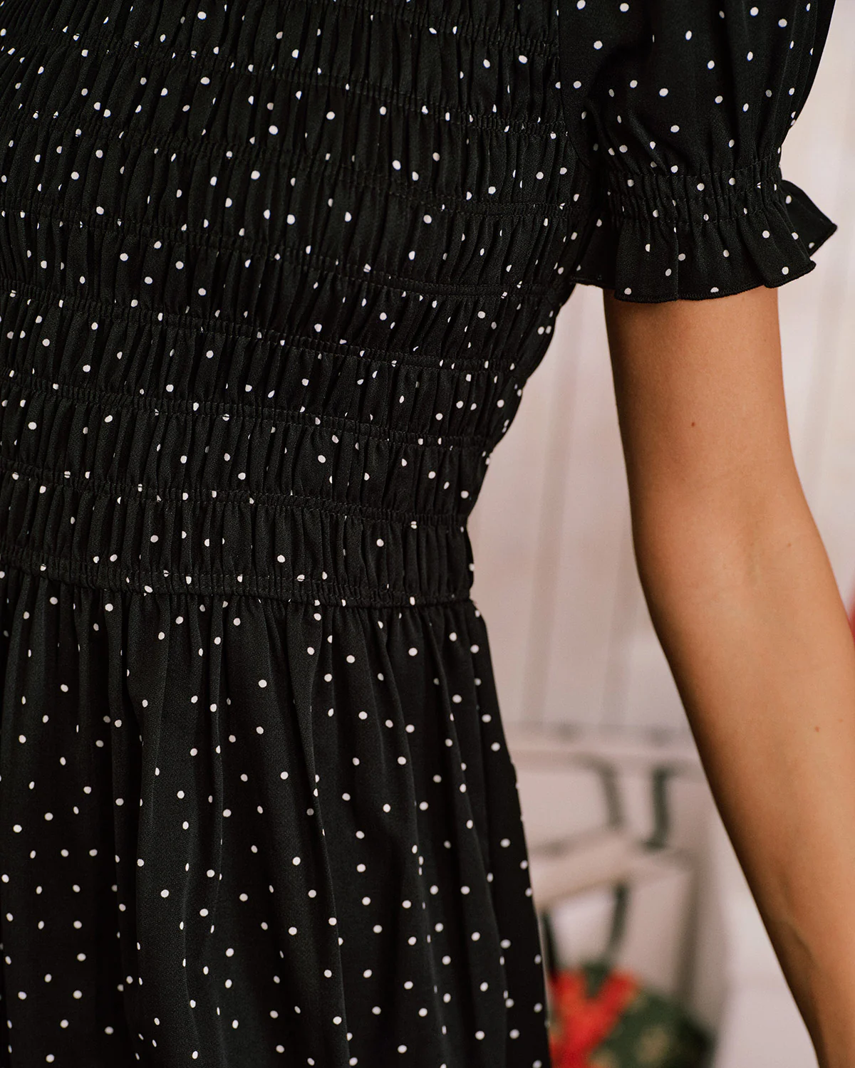 Black Polka Dot Shirred Mini Dress - Image 7