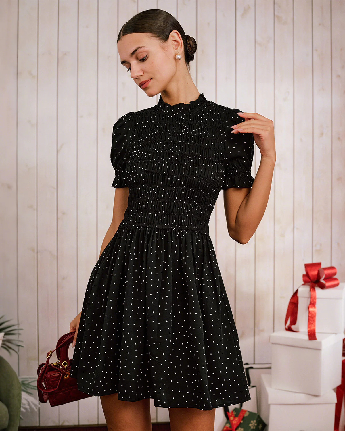 Black Polka Dot Shirred Mini Dress - Image 9