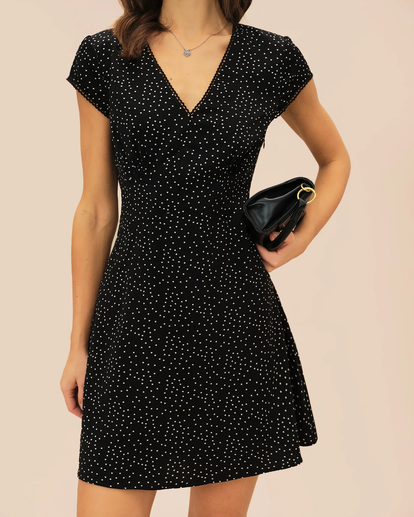 Black Polka Dot V Neck Mini Dress - Image 3