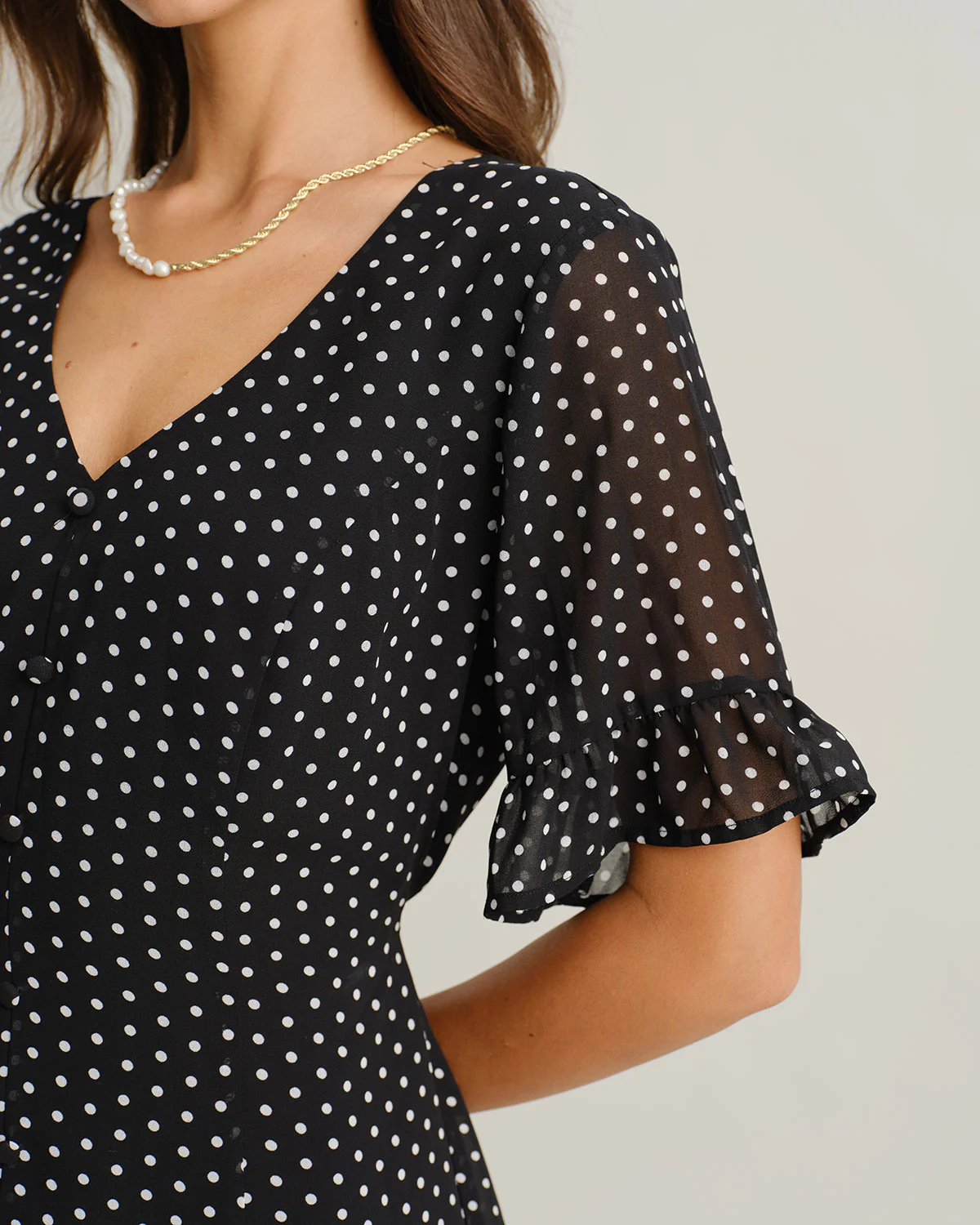 Black Polka Dot V Neck Ruffle Mini Dress - Image 2