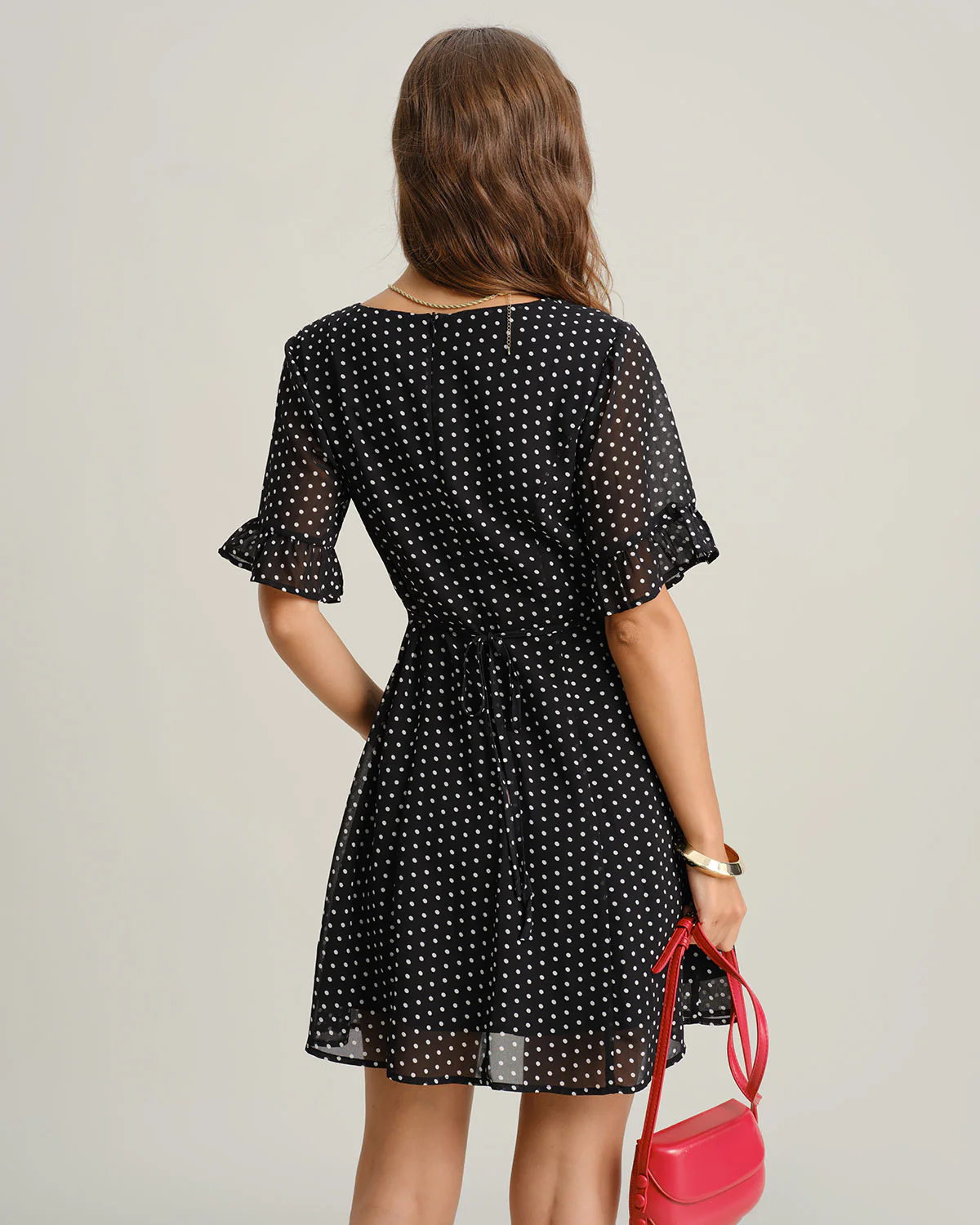 Black Polka Dot V Neck Ruffle Mini Dress - Image 4