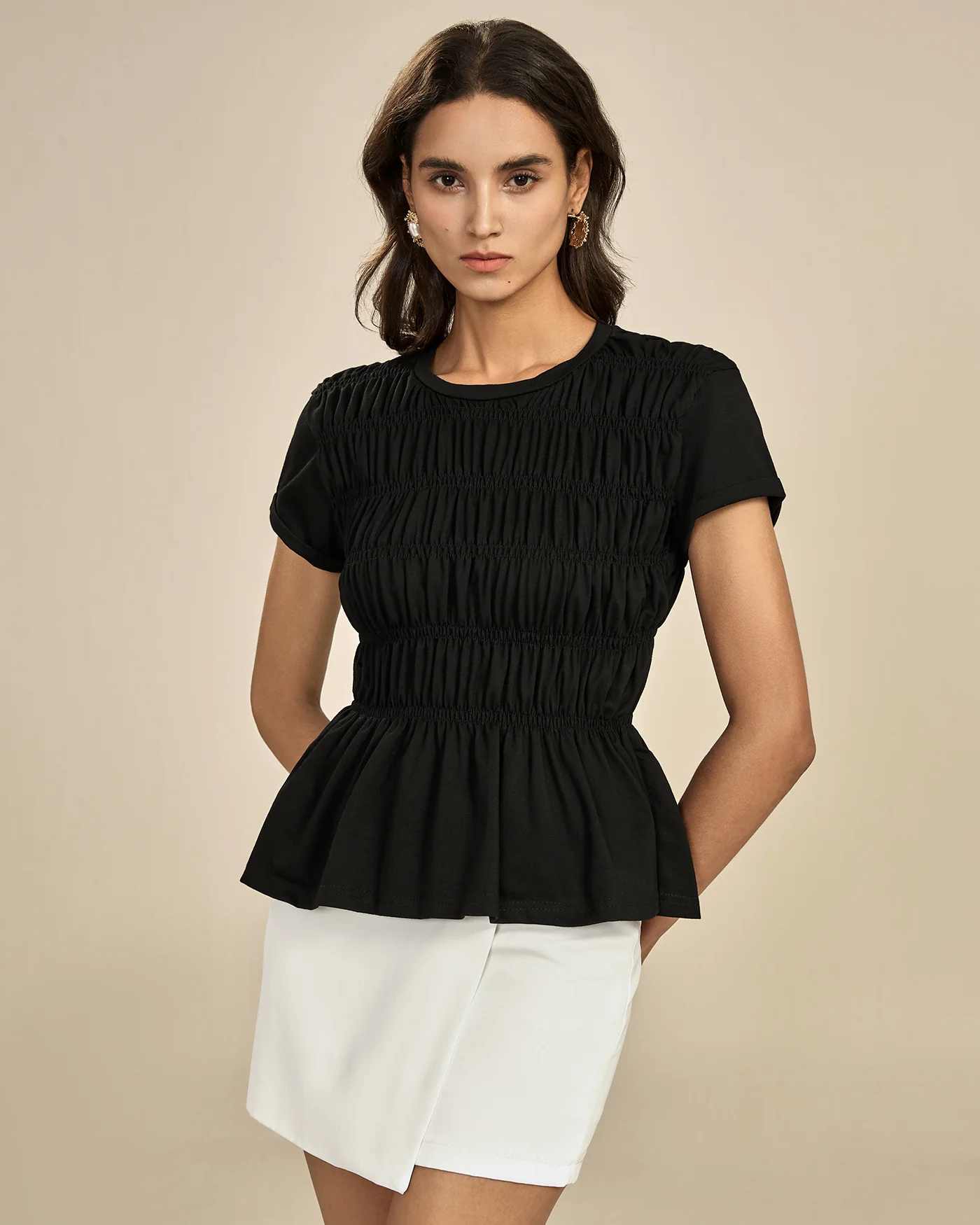 Black Round Neck Shirred Tee