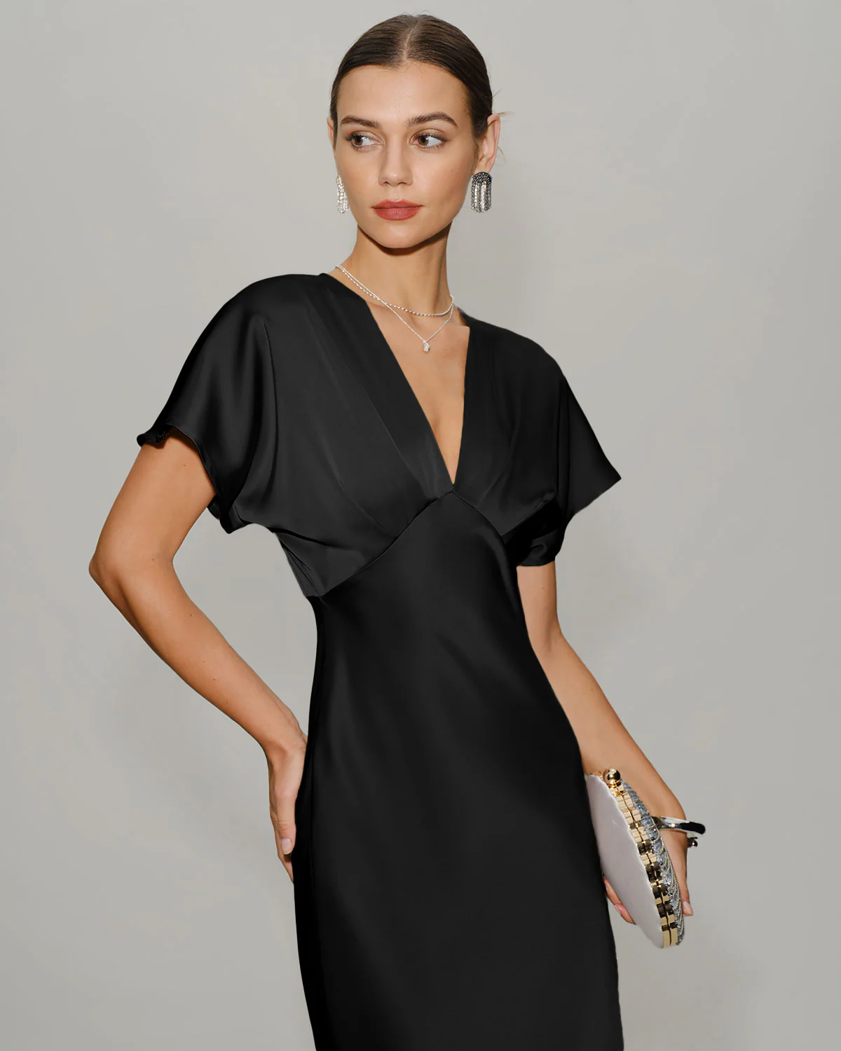 Black Satin Cowl Sleeve Midi Dress - Image 2