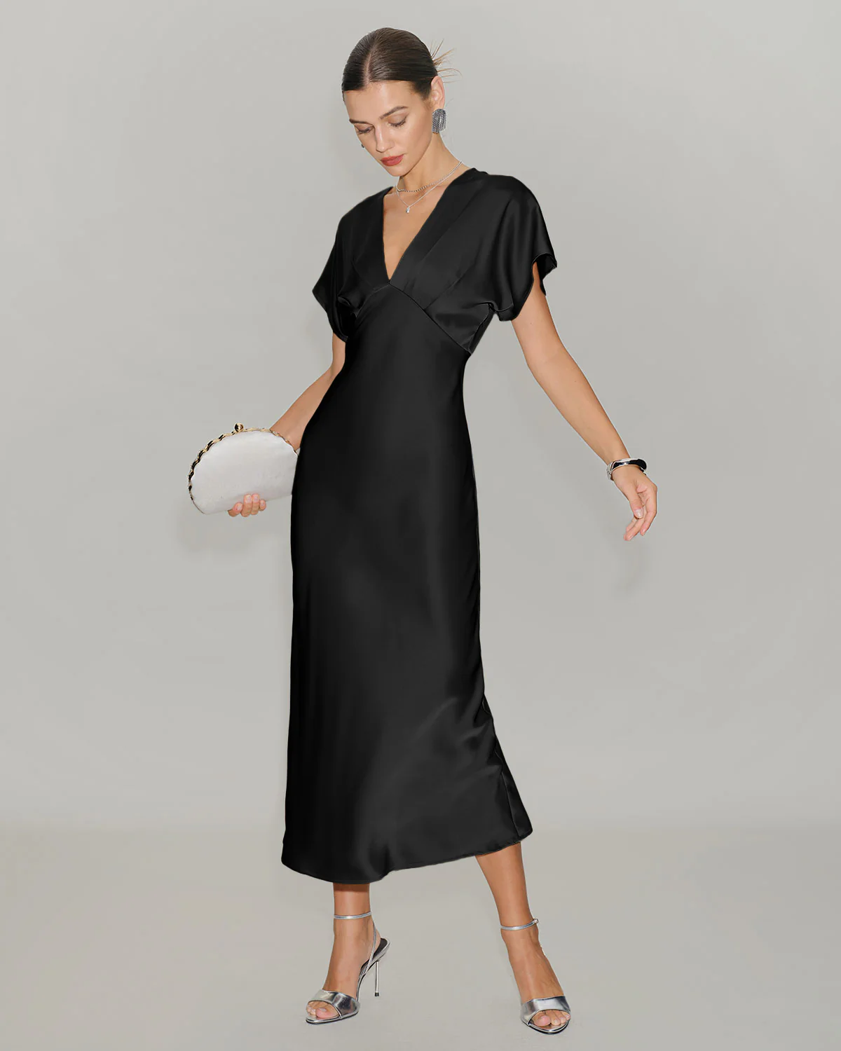 Black Satin Cowl Sleeve Midi Dress - Image 3