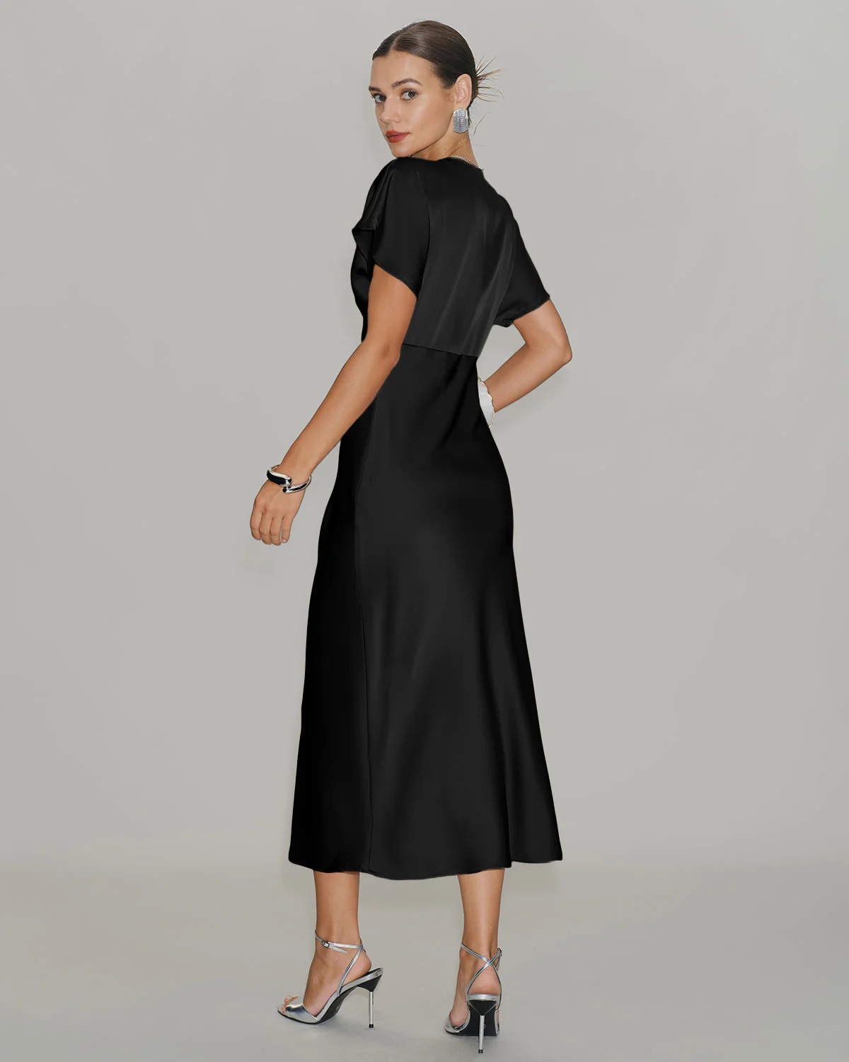Black Satin Cowl Sleeve Midi Dress - Image 4