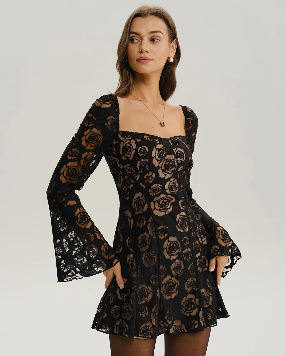 Black See Through Bell Sleeve Mini Dress - Image 2