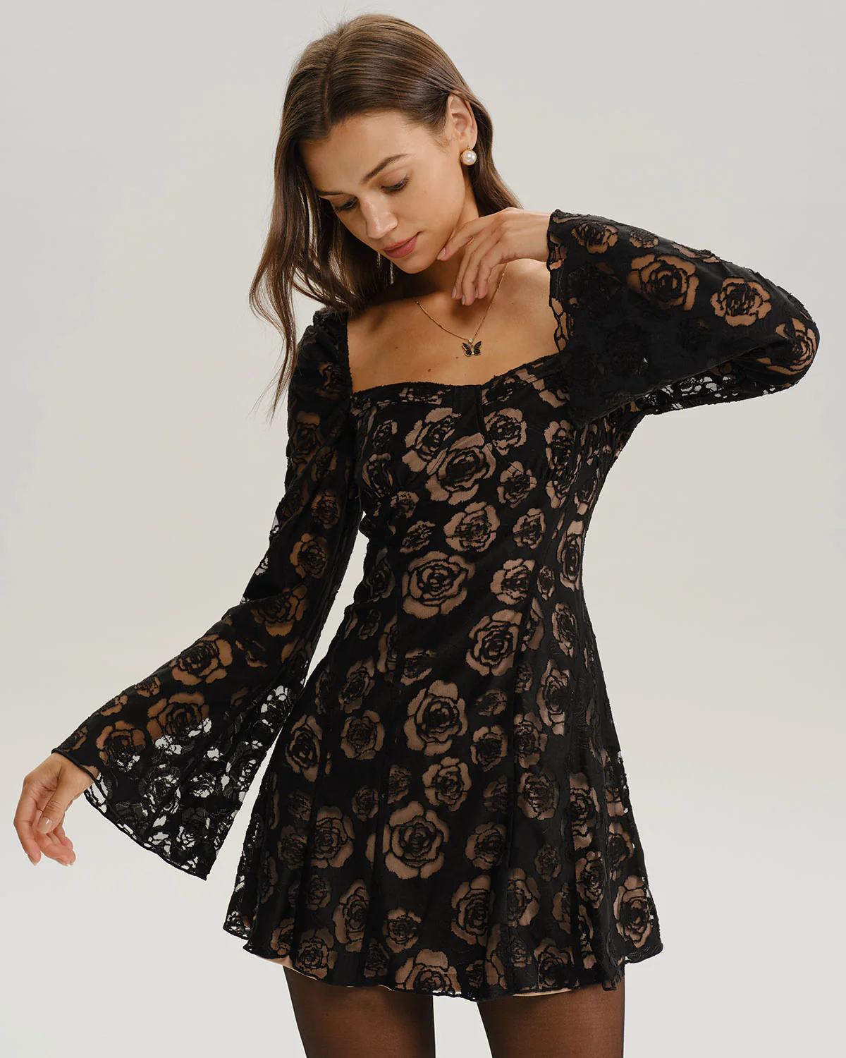 Black See Through Bell Sleeve Mini Dress - Image 4