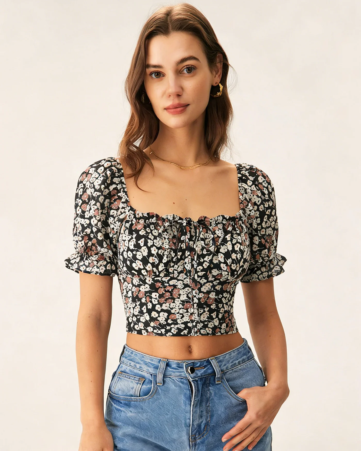 Black Square Neck Floral Tee