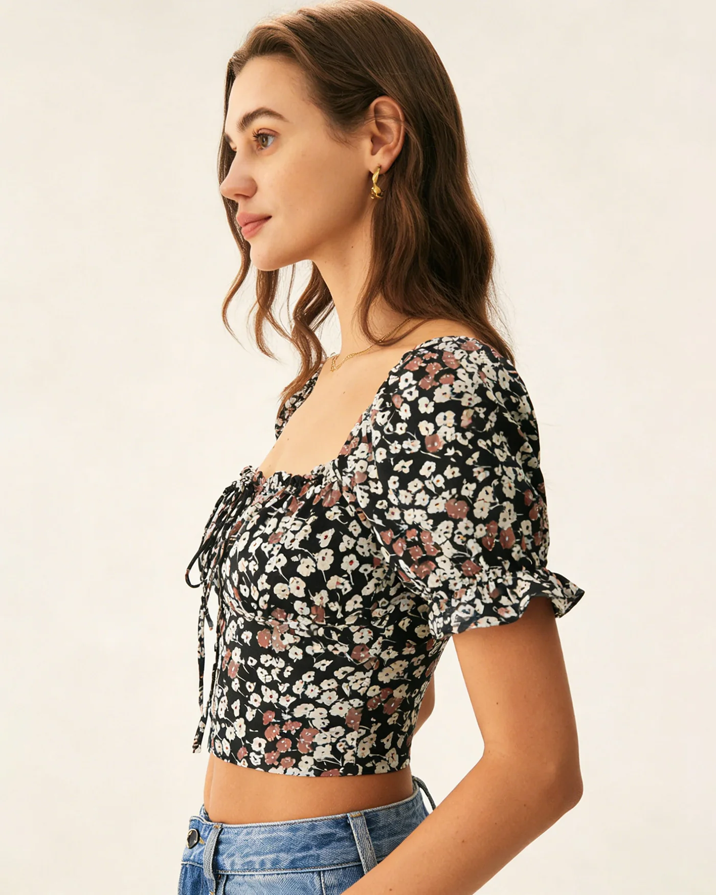 Black Square Neck Floral Tee - Image 2