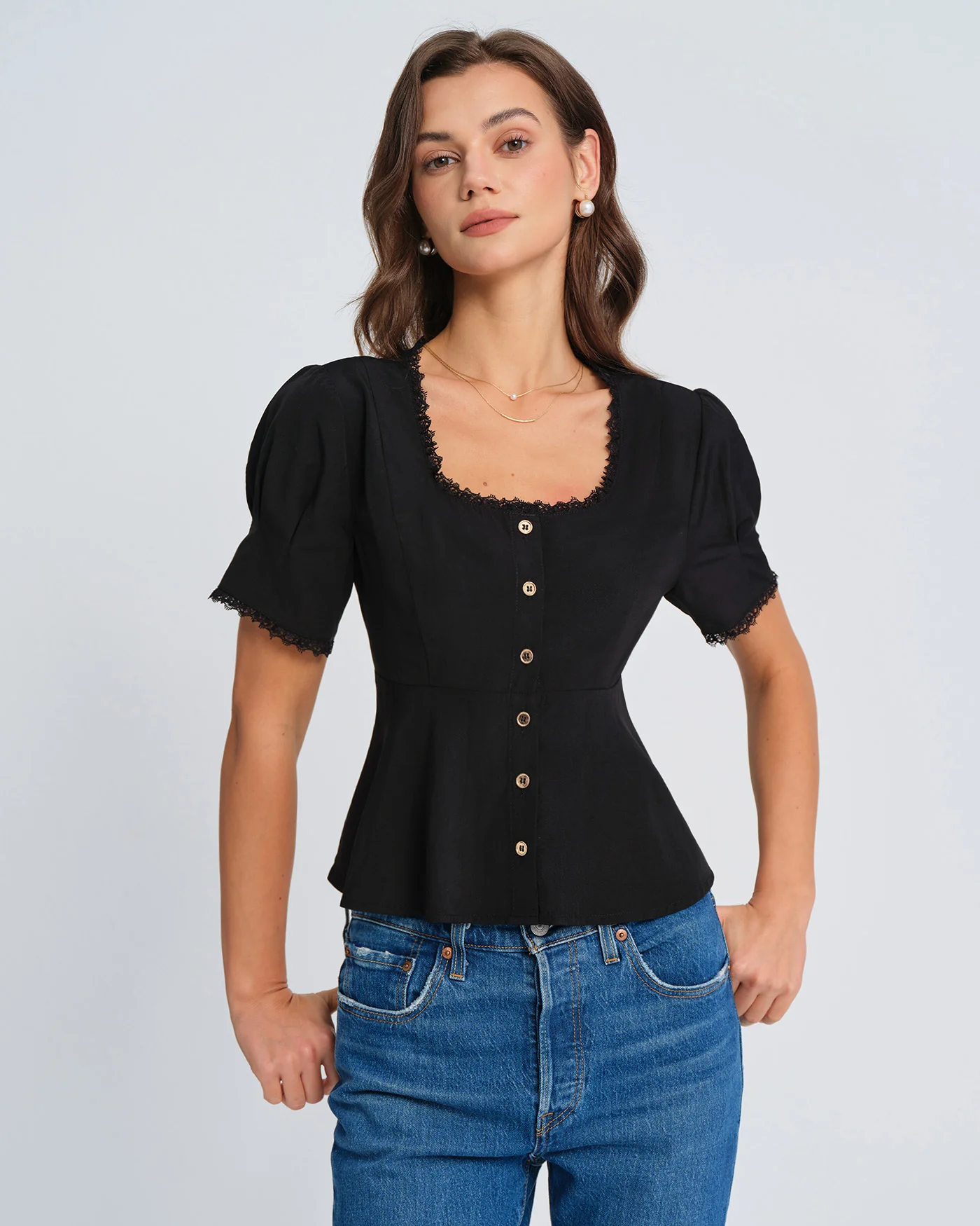Black Square Neck Lace Blouse - Image 3