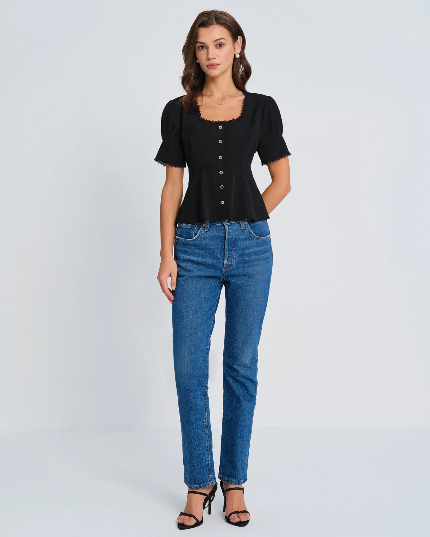 Black Square Neck Lace Blouse - Image 5