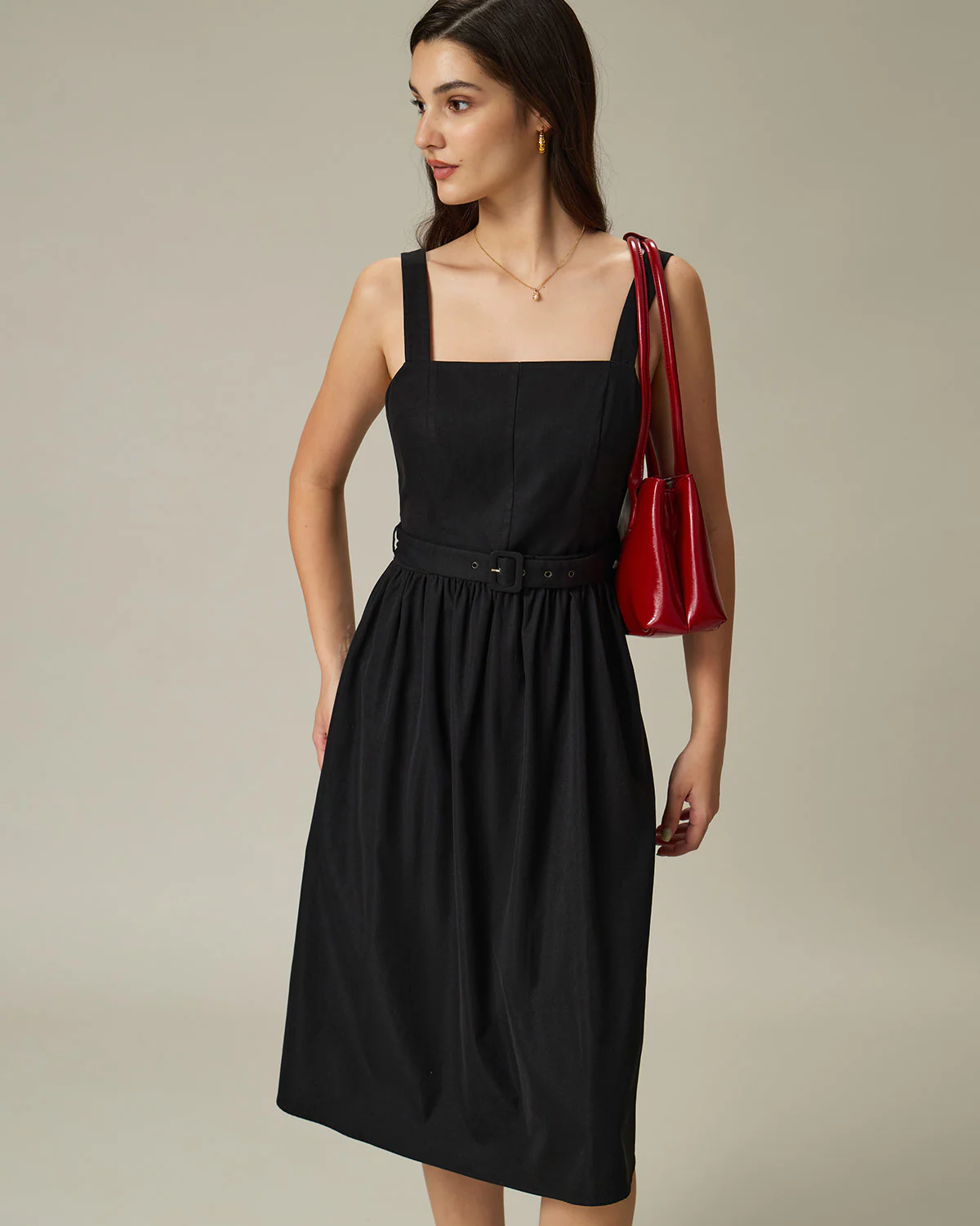 Black A-Line Square Neck Ruched Slip Midi Dress