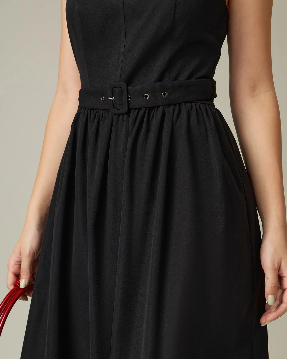 Black A-Line Square Neck Ruched Slip Midi Dress - Image 2