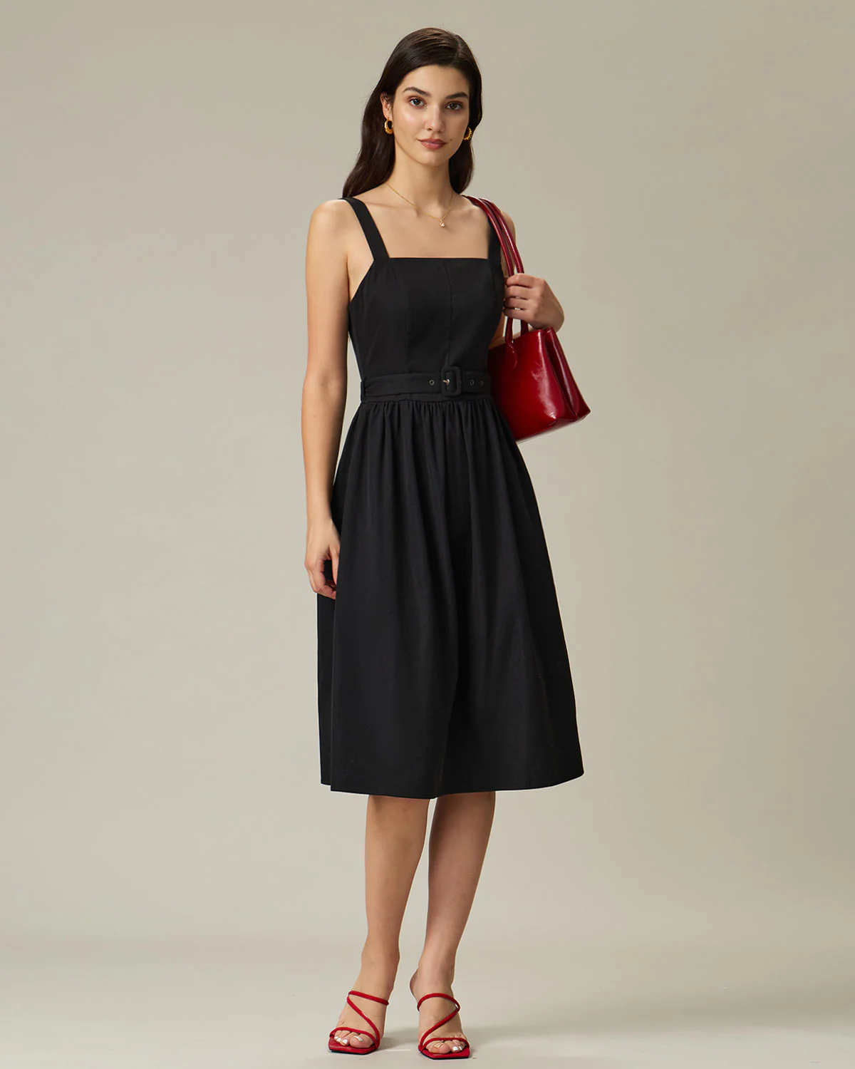 Black A-Line Square Neck Ruched Slip Midi Dress - Image 3