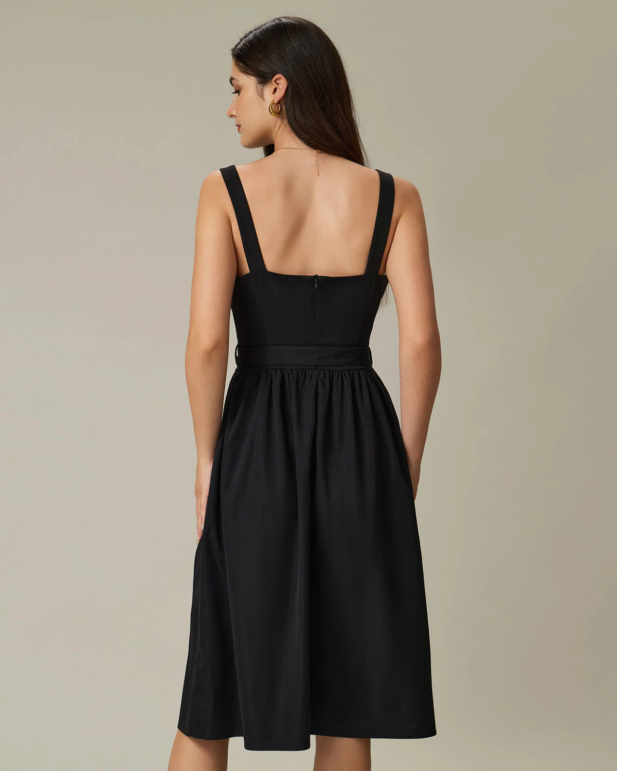 Black A-Line Square Neck Ruched Slip Midi Dress - Image 4