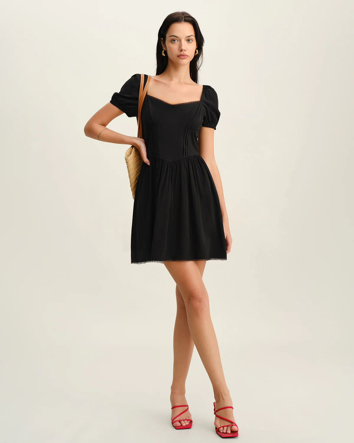 Black Sweetheart Neck Puffed Sleeve Mini Dress - Image 4