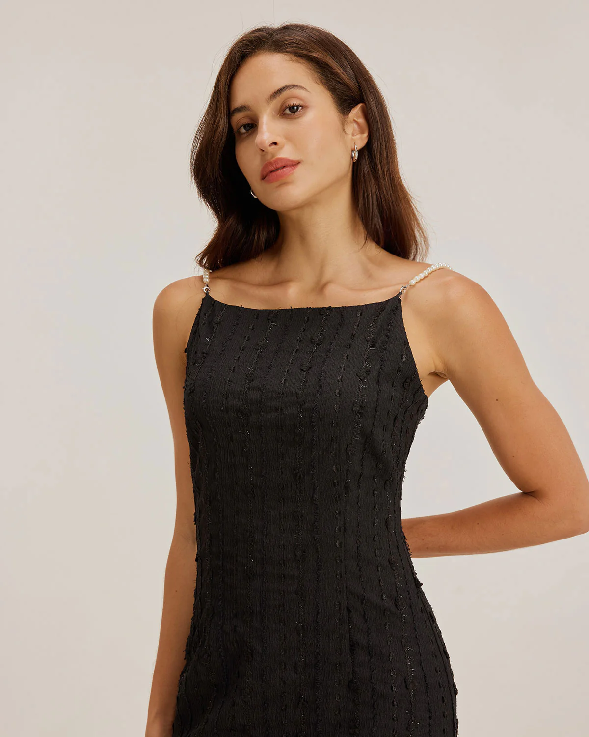 Black Textured Bodycon Beaded Strap Midi Dress - Image 3