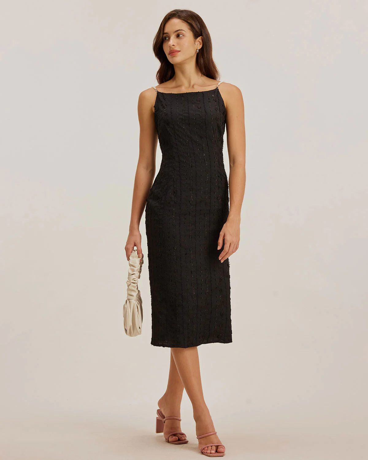 Black Textured Bodycon Beaded Strap Midi Dress - Image 4