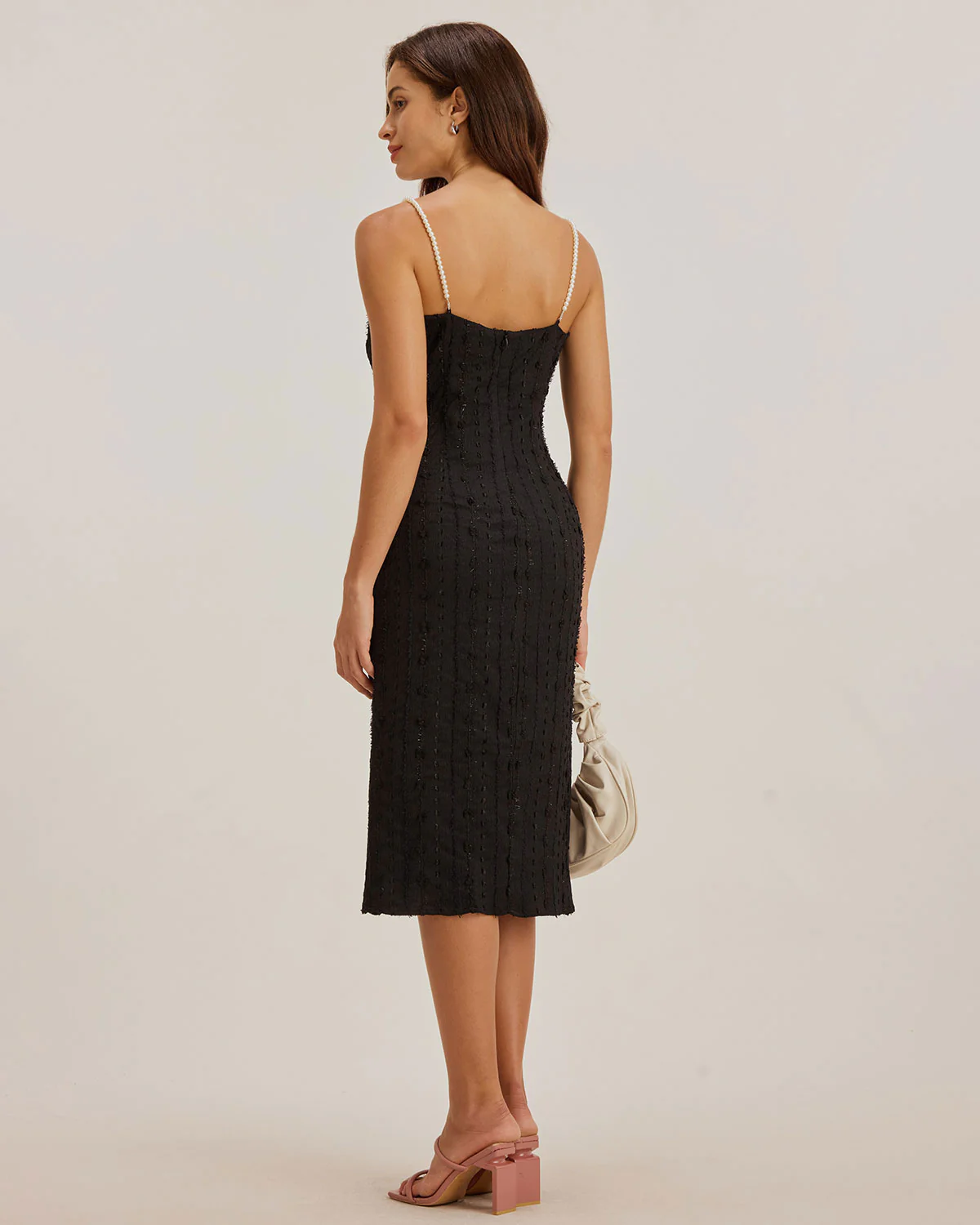 Black Textured Bodycon Beaded Strap Midi Dress - Image 5
