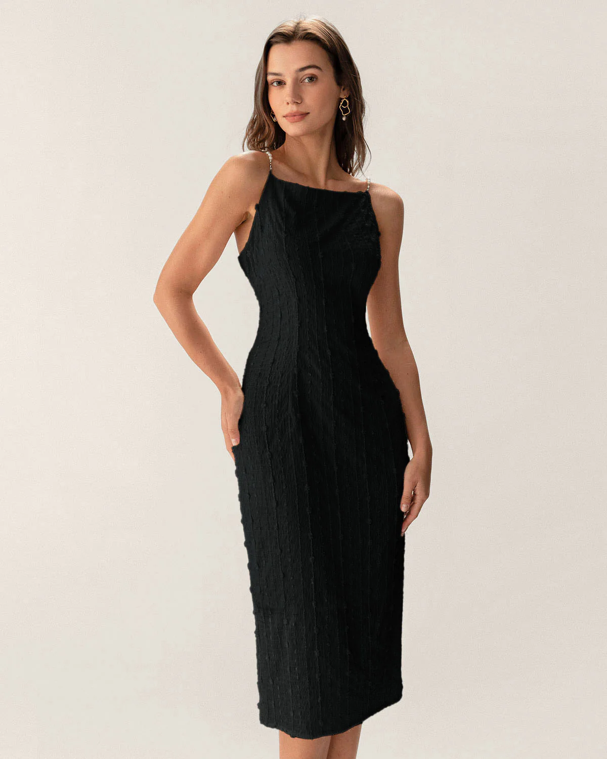 Black Textured Bodycon Beaded Strap Midi Dress - Image 6