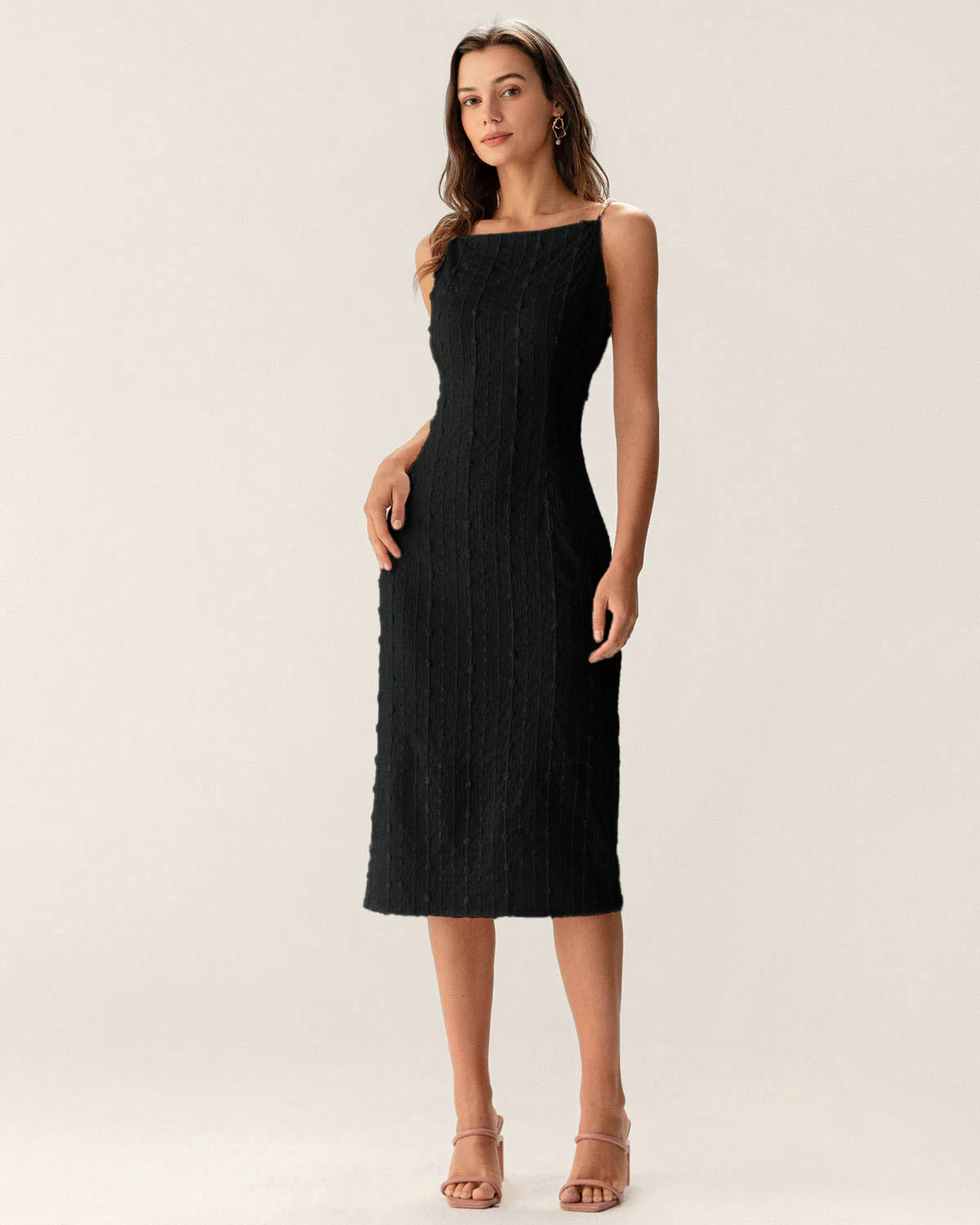 Black Textured Bodycon Beaded Strap Midi Dress - Image 8