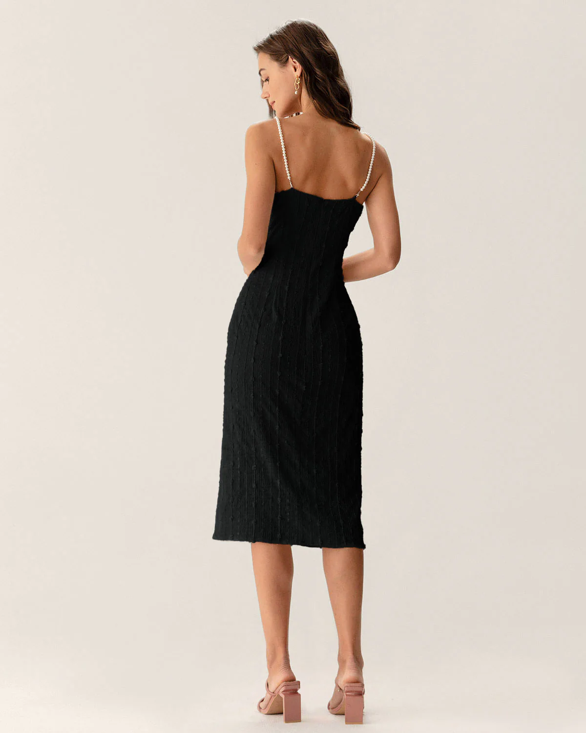 Black Textured Bodycon Beaded Strap Midi Dress - Image 9