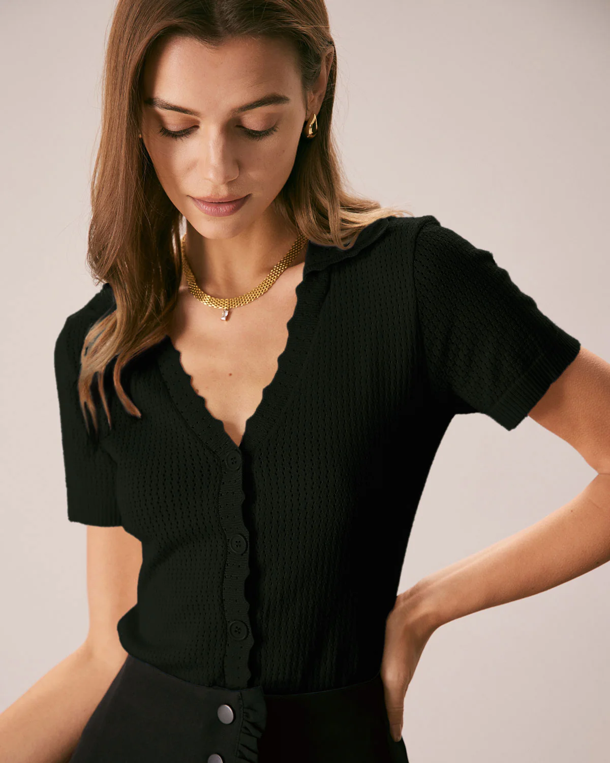 Black V Neck Button Pointelle Knit Tee - Image 2