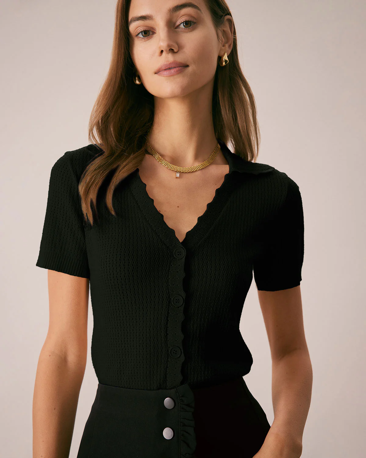 Black V Neck Button Pointelle Knit Tee - Image 3