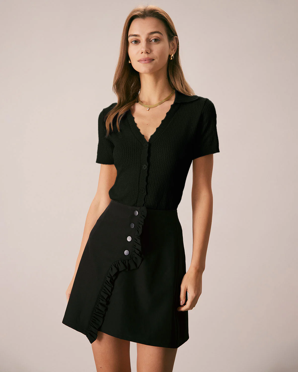 Black V Neck Button Pointelle Knit Tee - Image 4