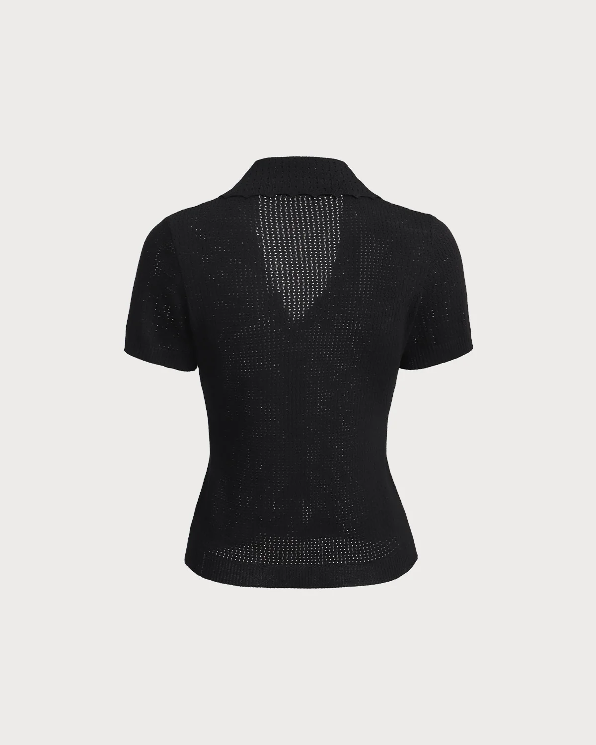 Black V Neck Button Pointelle Knit Tee - Image 7