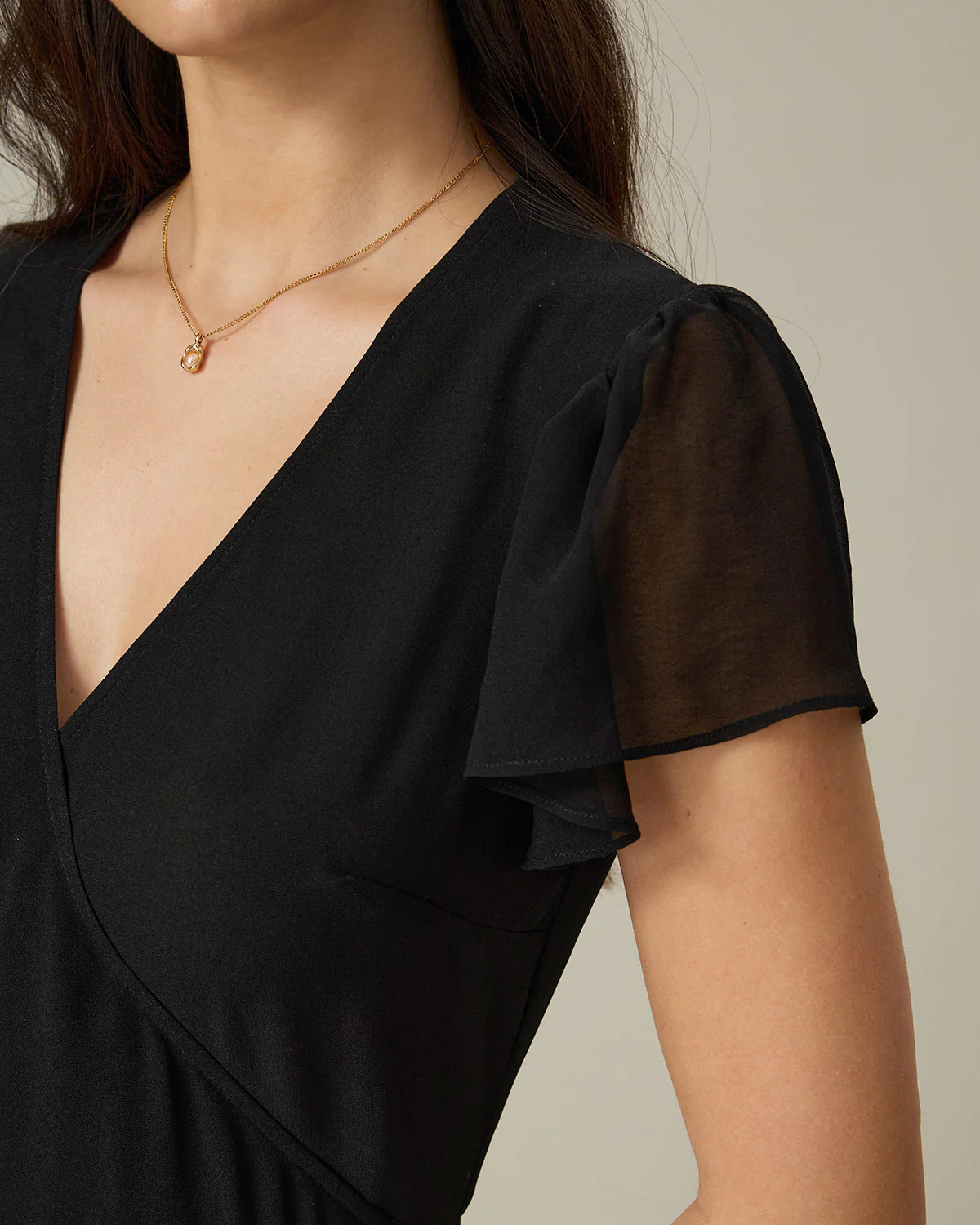 Black V Neck Chiffon Mini Dress - Image 2